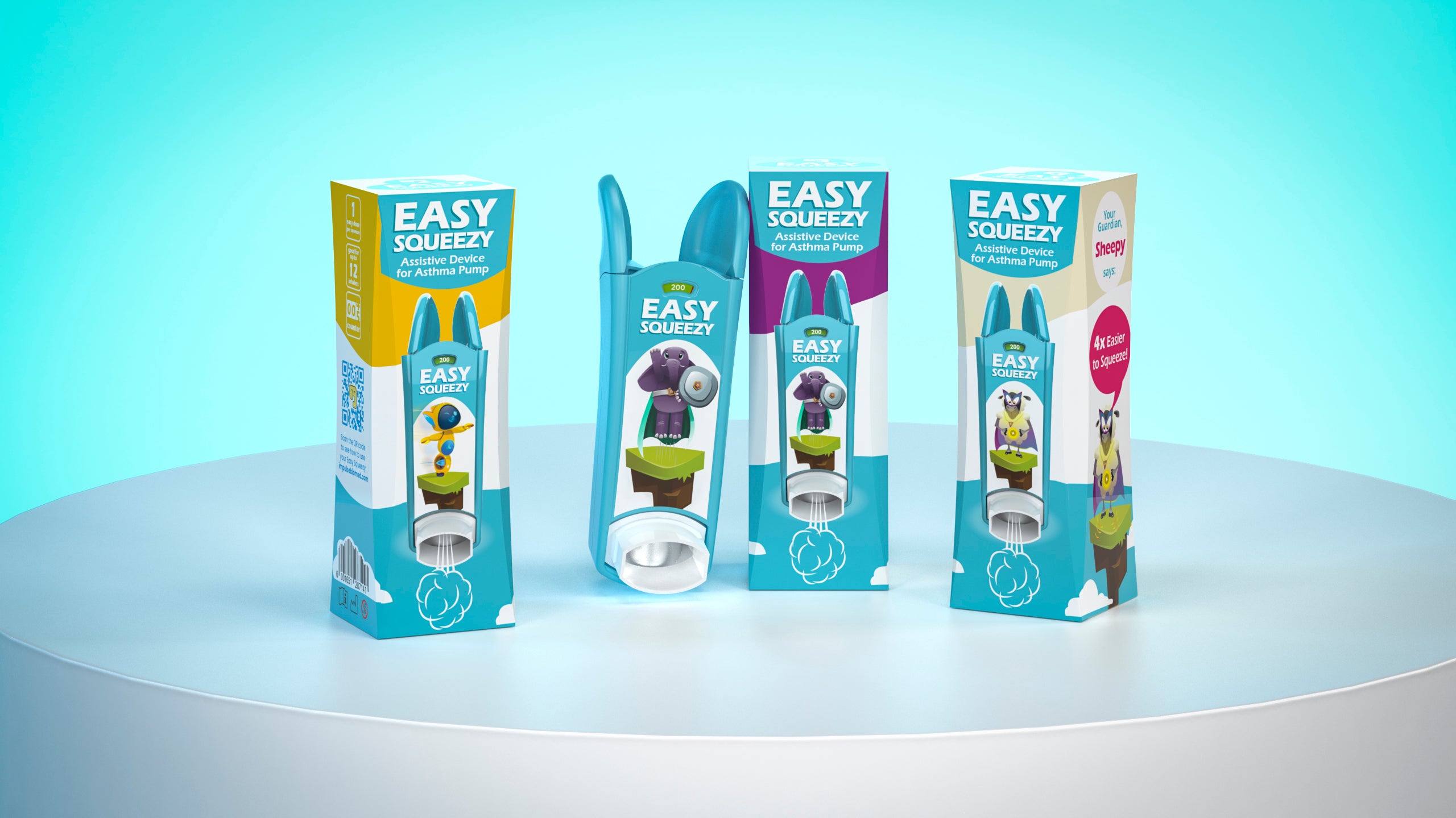 Packaging of 'Easy Squeezy' products on a light blue background